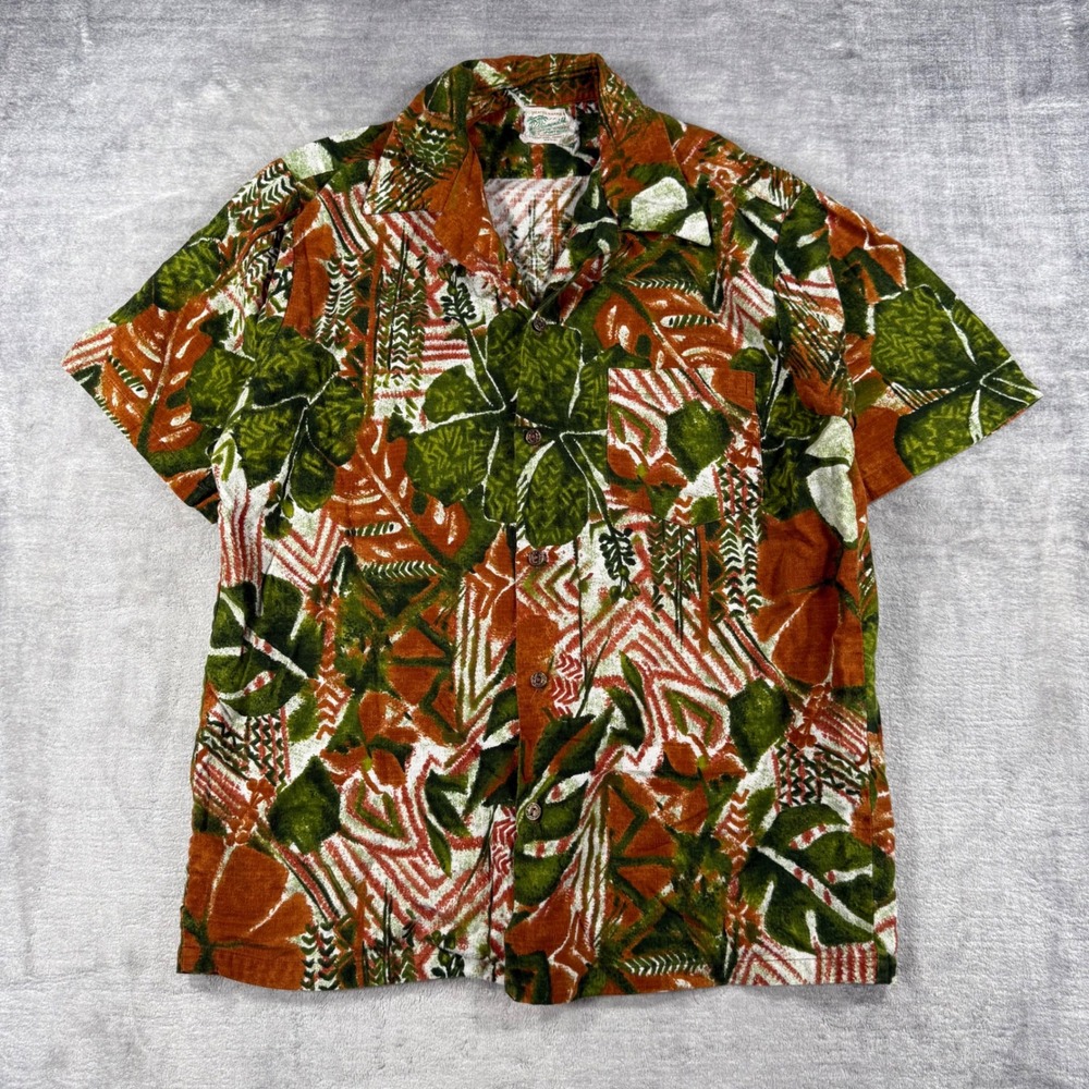 Diamond Head Shirt Mens Large Orange Vintage 1960s Hawaiian Abstract Barkcloth
